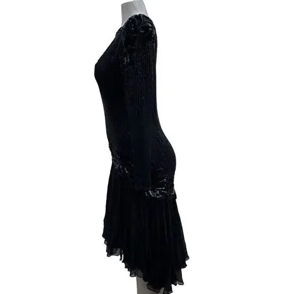 Vintage Black Tie He-Ro Evening Dress 8 Black Sequined Beaded Silk Drop Waist